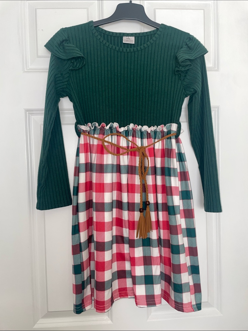 Children's Green Knit Top Plaid Skirt Dress with Tassel Belt